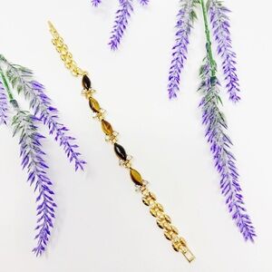 Vintage 24kt GP Tigers Eye Stone CZ Tennis Bracelet